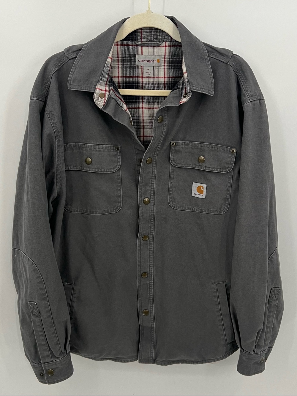 Carhartt Gray Button-Front Shirt Jacket with Plaid Lining